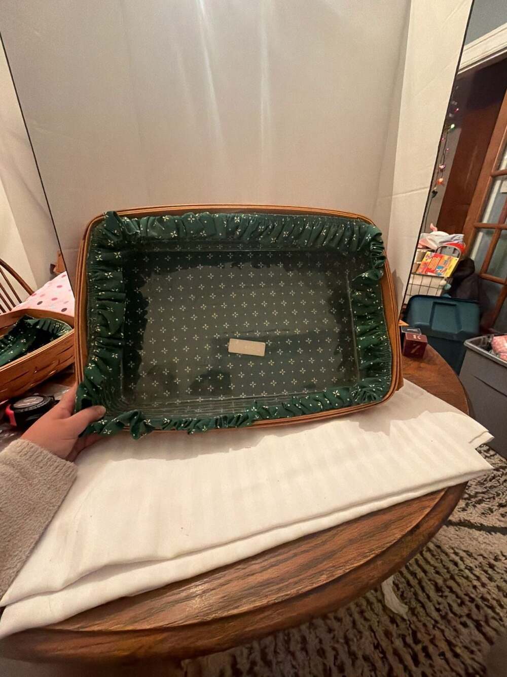 Longaberger Handwoven Woven Basket Green Fabric Liner Protector